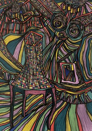 MONDE SE REGARDE, S'EFFONDRER (Dessin format A4, feutres Posca Acrylique sur papier 250 gr, fixatif anti-uv)