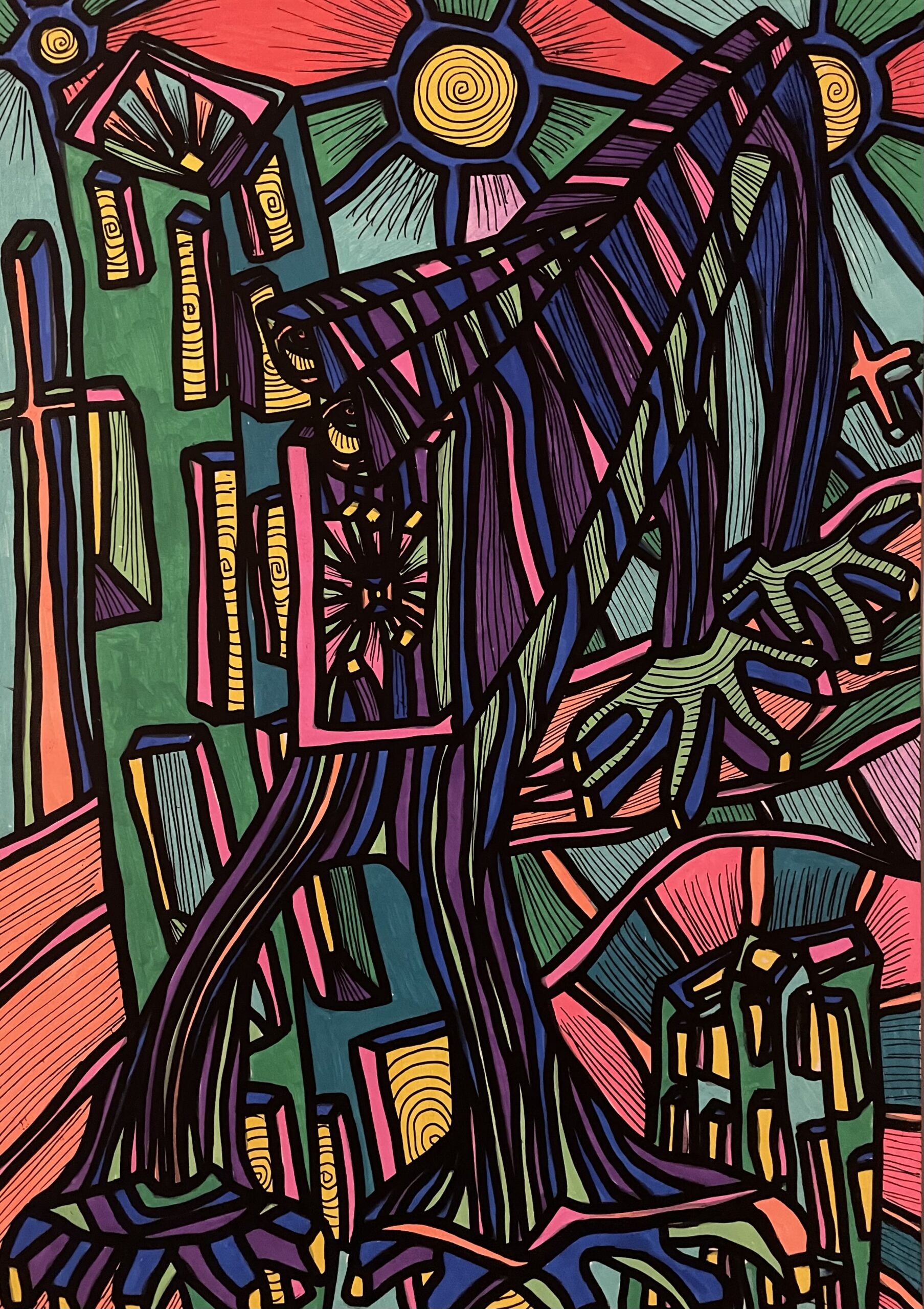 TAPIS DANS LA LUMIERE (Dessin format A4, feutres Posca Acrylique sur papier 250 gr, fixatif anti-uv)