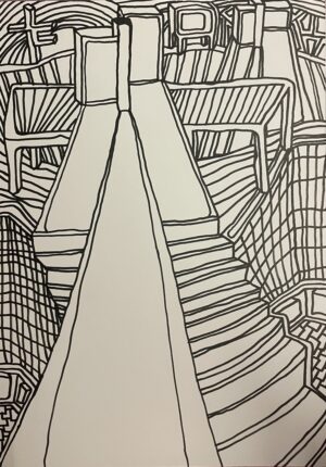 MONOCHROME ET FUITE LOINTAINE (Dessin format A4, feutres Posca Acrylique sur papier 250 gr, fixatif anti-uv)