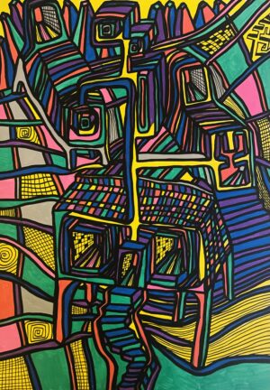 ANATHEME PROPICE AU VERTIGE DE LA CREATION (Dessin format A4, feutres Posca Acrylique sur papier 250 gr, fixatif anti-uv)