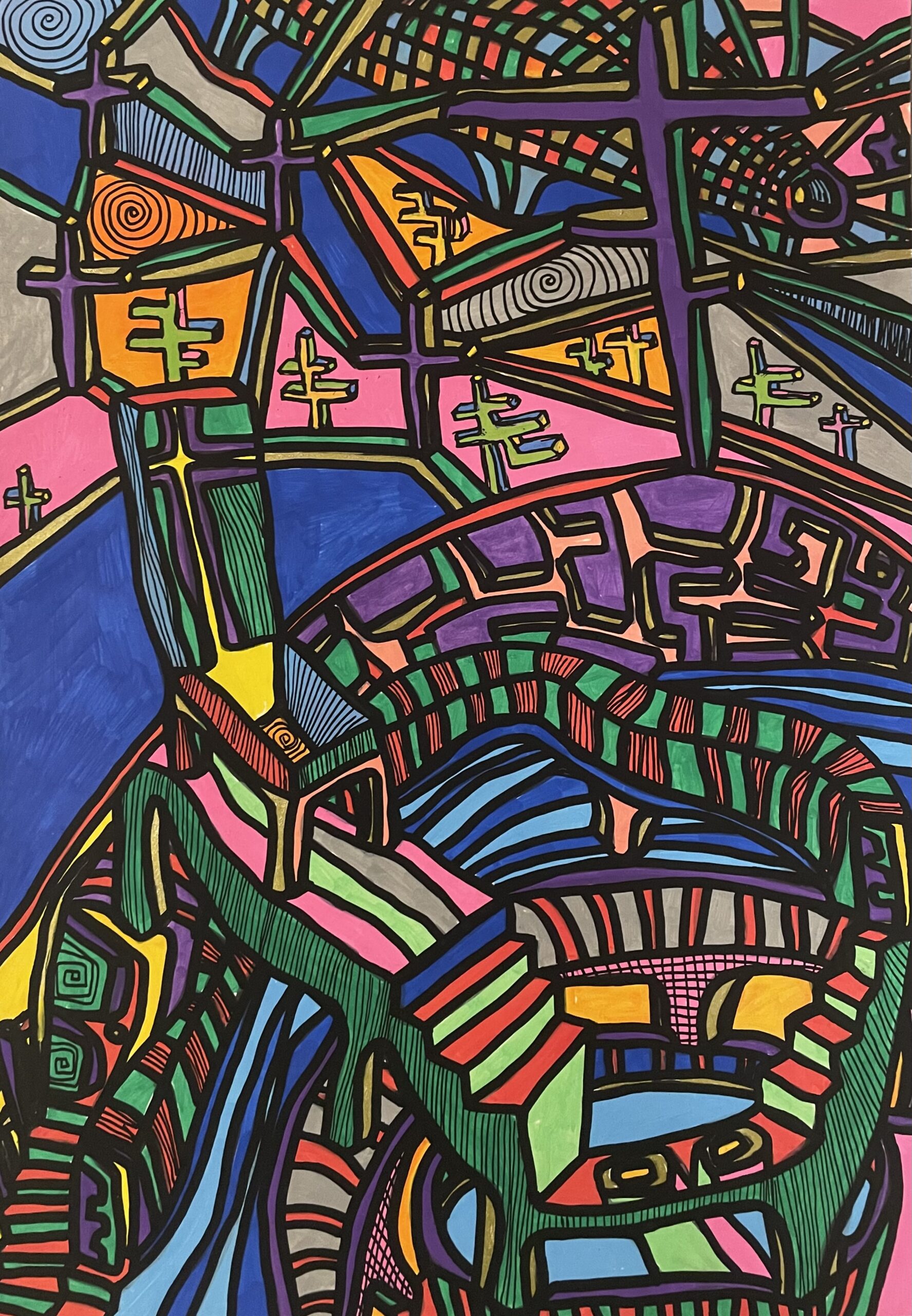 LES CROIX AVANT ET APRES L'EFFROI (Dessin format A4, feutres Posca Acrylique sur papier 250 gr, fixatif anti-uv)