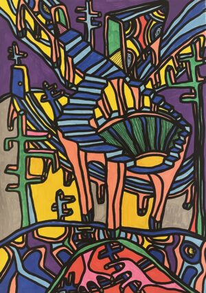 AUTOUR DU PUIT (Dessin format A4, feutres Posca Acrylique sur papier 250 gr, fixatif anti-uv)