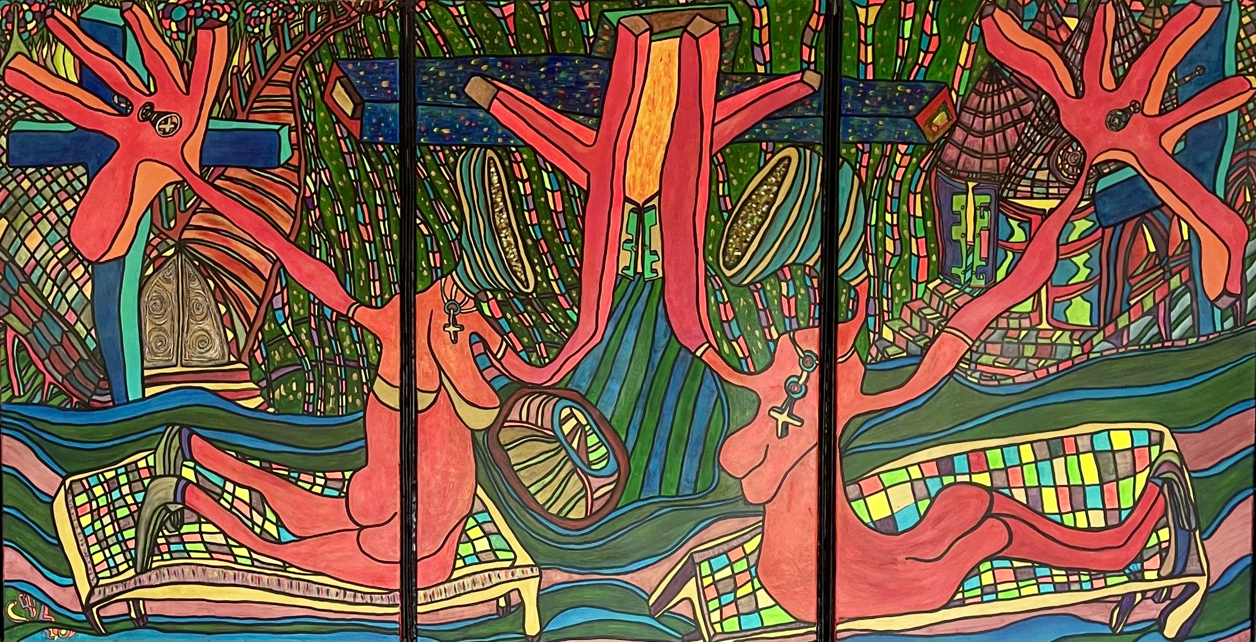 LES FAUX APOTRES TOUCHES PAR L’ESPRIT SAINT (Triptyque articulé 3 parties + couvercle sur Toile acrylique et posca, format 219/116 cm)