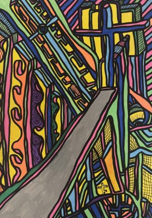 UN PONT VERS LE SPLENDIDE OUBLI (Dessin format A4, feutres Posca Acrylique sur papier 250 gr, fixatif anti-uv)