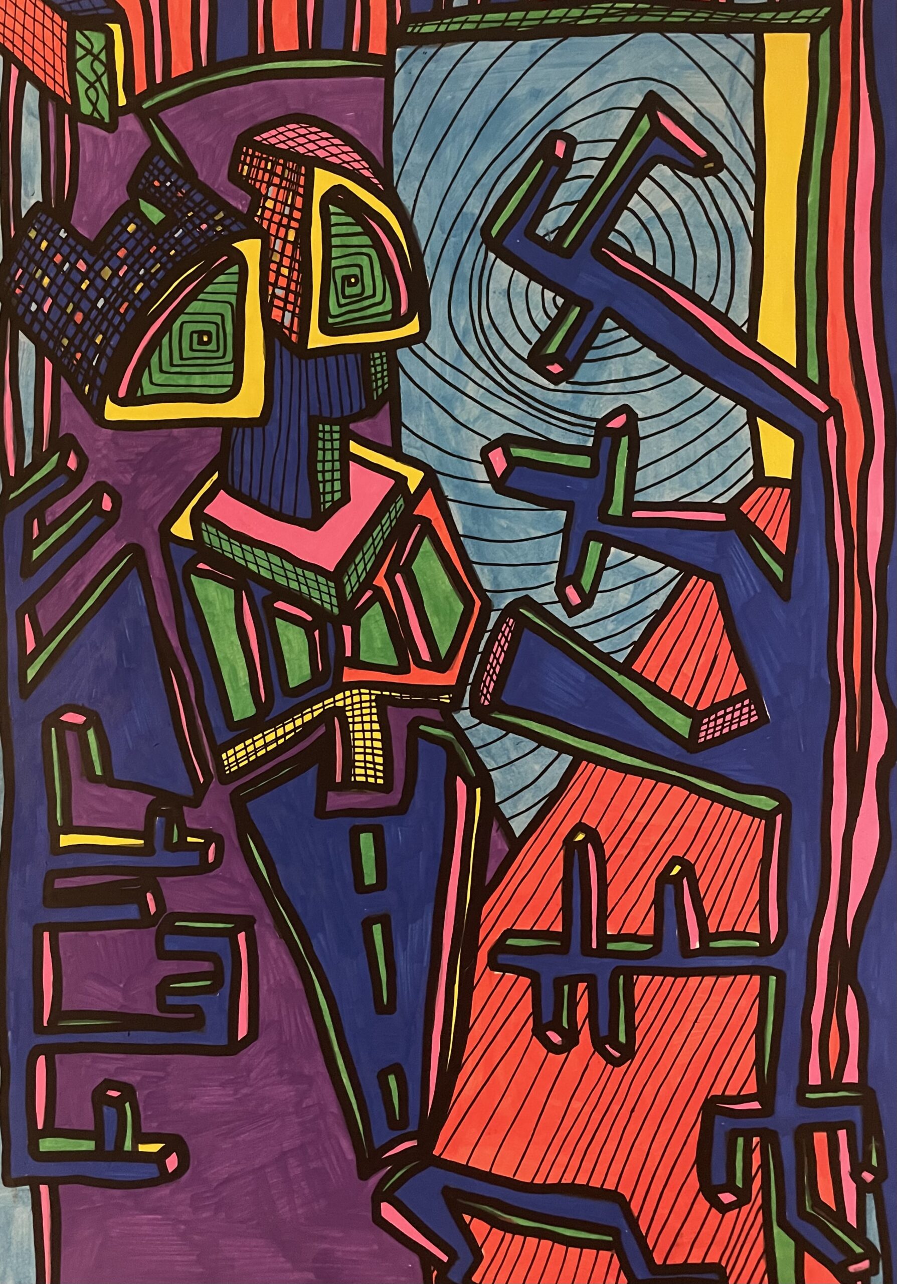 A FORCE DE LES ECOUTER, VOUS DEVIENDREZ DES MACHINES (Dessin format A4, feutres Posca Acrylique sur papier 250 gr, fixatif anti-uv)