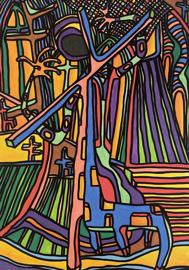 PERDU, TU CONNAITRAS CROIX LA CROIX SANS SAUVER QUICONQUE (Dessin format A4, feutres Posca Acrylique sur papier 250 gr, fixatif anti-uv)