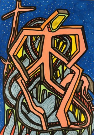Courbe l’échine Jézabel, dessin art singulier aux feutres Posca par ArrasArtBrut
